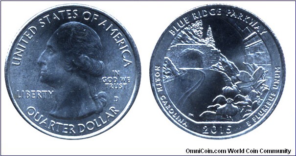 USA, 1/4 dollar, 2015, 24.26mm, 5.67g, MM: D, G. Washington, Blue Ridge Parkway, North Carolina.
