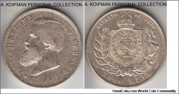 KM-485, 1889 Brazil 2000 reis; silver, reeded edge; extra fine or about, may have been lightly cleaned.
