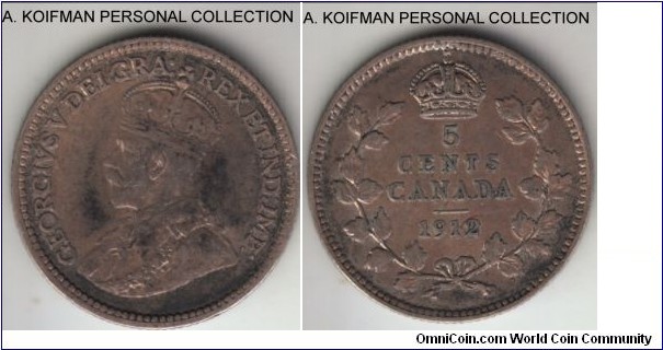 KM-22, 1912 Canada 5 cents, George V; silver, reeded edge; very fine or about, toned.