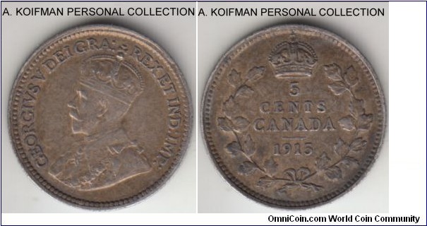 KM-22, 1915 Canada 5 cents, George V; silver, reeded edge; scarce year, very fine or about.