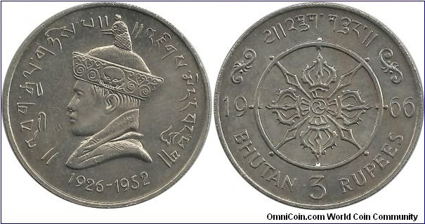 Bhutan 3 Rupees 1966-Comm - 40th Anniversary, Accession of Jigme