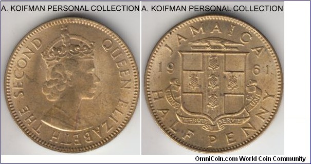 KM-36, 1961 Jamaica half penny; nickel-brass, plain edge; average red uncirculated.