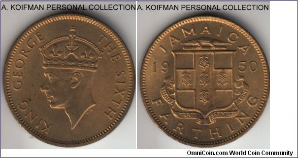 KM-33, 1950 Jamaica farthing; nickel-brass, plain edge; red uncirculated, few spots, short 2 year type.