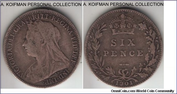 KM-779, 1901 Great britain 6 pence; silver, reeded edge; Victoria last year of mintage; fine or better.
