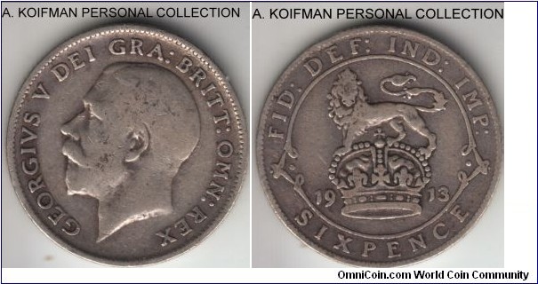 KM-815, 1913 Great Britain 6 pence; silver, reeded edge; smallest mintage of the type, well circulated, maybe fine.