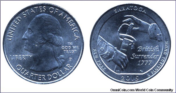 USA, 1/4 dollar, 2015, Cu-Ni, 24.26mm, 5.67g, MM: P, G. Washington, Saratoga, New York, British Surrender, 1777.