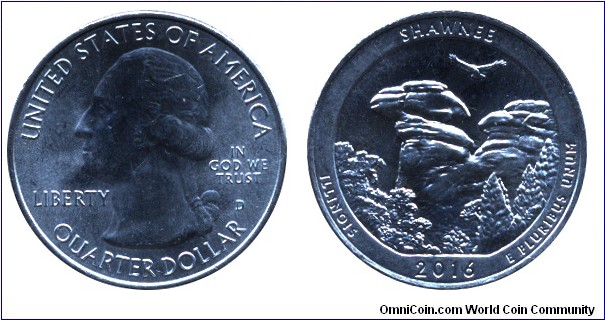USA, 1/4 dollar, 2016, Cu-Ni, 24.26mm, 5.67g, MM: D, G. Washington, Shawnee, Illionis.