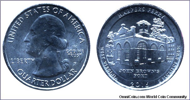 USA, 1/4 dollar, 2016, Cu-Ni, 24.26mm, 5.67g, MM: P, G. Washington, Harpers Ferry, West Virginia, John Brown's Fort.