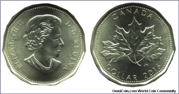 Canada, 1 dollar, 2016, Queen Elizabeth II, Maple twig.