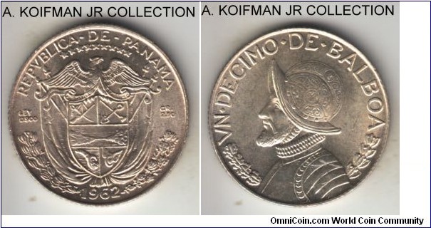 KM-10.2, 1962 Panama 1/10 balboa; silver, reeded edge; quite common, but nice lustrous brilliant uncirculated.