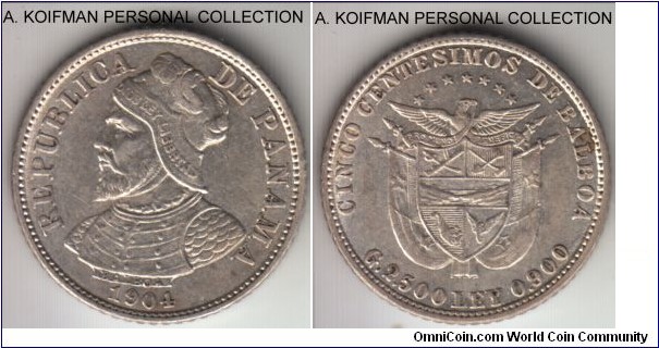 KM-2, 1904 Panama 5 centesimos; silver, reeded edge; nice lustrous about uncirculated.
