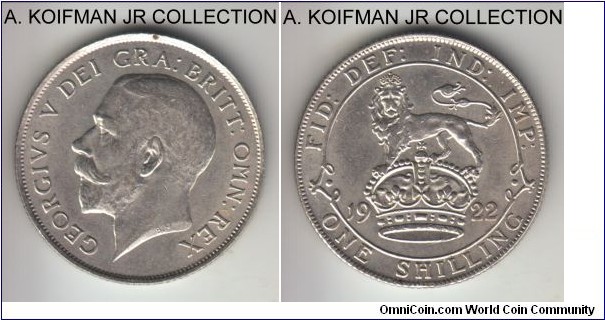 KM-817a, 1922 Great Britain shilling; silver, reeded edge; George V, nice white uncirculated or almost, light toning overall.