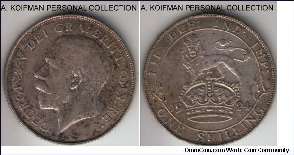 KM-816a, 1924 Great Britain shilling; silver, reeded edge; nicely toned good very fine to about extra fine, second smallest mintage of the type.