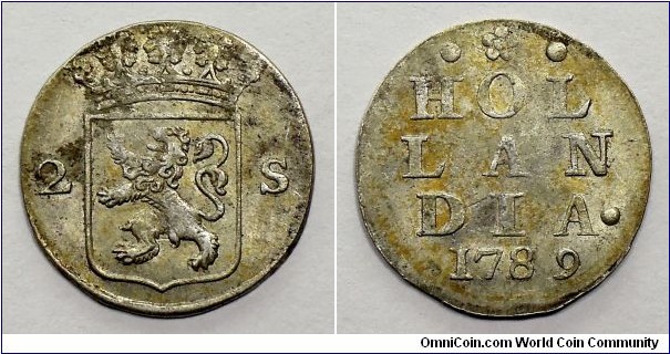 Netherlands, Holland, 2 Stuivers, Double Wapenstuiver, 1789. Silver. KM# 48. Toned. 