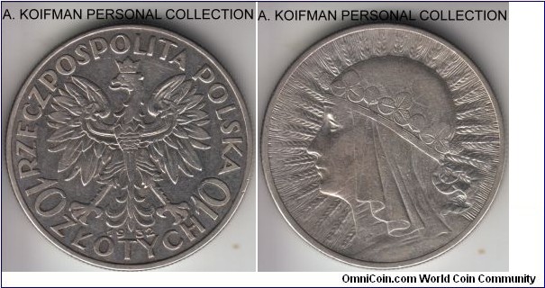 Y#22, 1932 Poland 10 zlotych, London mint (no mint mark); silver, reeded edge; very fine, good detail.