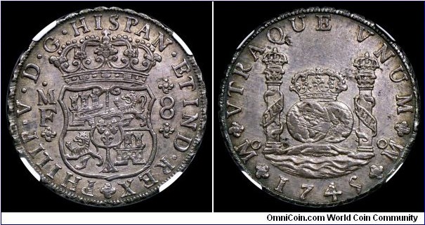 Spanish colonial, Mexico, Philip V, 8 Reales, 1745. KM# 103. Assayer: M.F. (Manuel de León y Francisco de la Peña y Flores), Mexico city mint. Adjustment marks. Toned, NGC MS61.