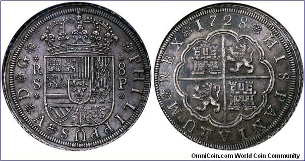 Spain, Philip V (second reign), 8 Reales, 1728. Silver. Assayer: P (Pedro Remigio Gordillo). Seville mint. Obverse: PHILIPPUS V D G. Crowned Spanish shield, ornate floral stops / Reverse: HISPANIARUM ... Arms of Castile and Leon. KM# 336.3, Cal-Type-161#938; Dav# 1697. NGC AU58. 