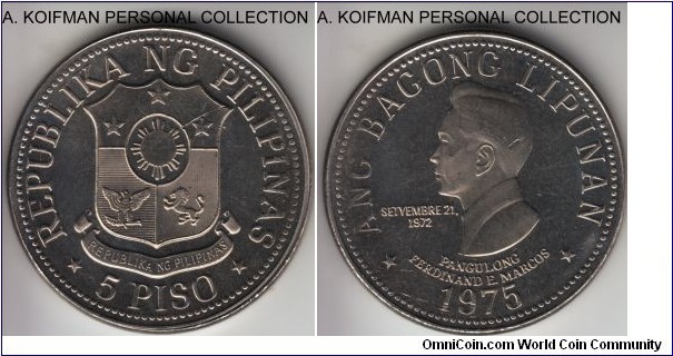 KM-210.1, 1975 Philippines 5 piso; nickel, plain edge; uncirculated, but few scratches and a cut on obverse.