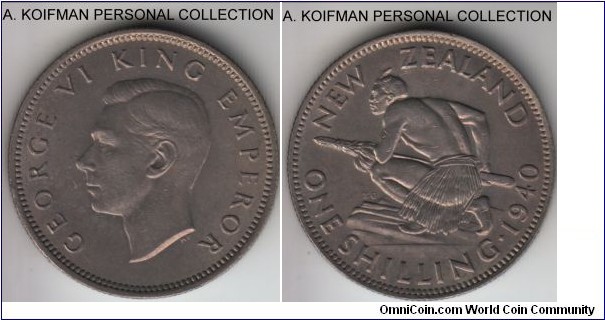KM-9, 1940 New Zealand shilling; silver, reeded edge; steel toned uncirculated or about.