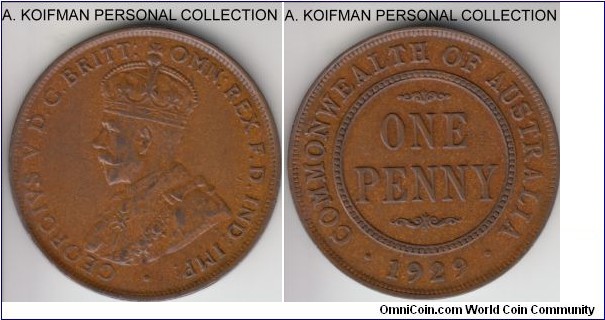 KM-23, 1929 Australia penny, Melbourne mint (no mint mark); bronze, plain edge; good extra fine to about uncirculated, apparently a scarce grade for the year and type.