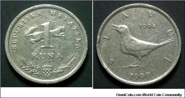 Croatia 1 kuna.
1999, 5 Years of Kuna Currency.