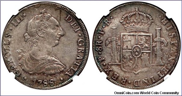 Spanish colonial, Bolivia, Charles III, 8 Reales, 1788. Potosi mint. Assayer: P.R. (Pedro Narciso de Mazondo / Raimundo de Iturriaga.). KM# 55. Exceptional for the type with silvery gray toning and major eye appeal. A bit flatly struck in parts, yet far better than most of this issue. NGC MS61.