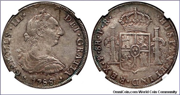 Spanish colonial, Bolivia, Charles III, 8 Reales, 1788. Potosi mint. Assayer: P.R. (Pedro Narciso de Mazondo / Raimundo de Iturriaga.). KM# 55. Exceptional for the type with silvery gray toning and major eye appeal. A bit flatly struck in parts, yet far better than most of this issue. NGC MS61.