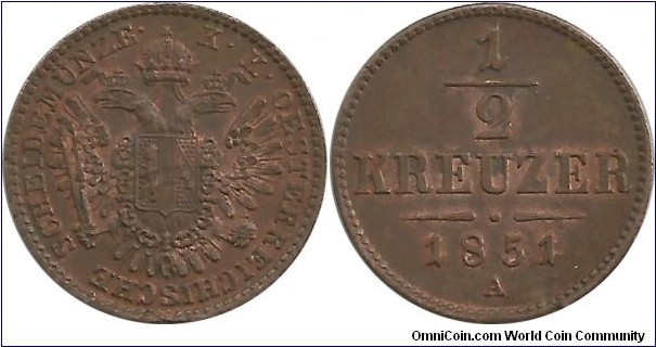 Austria ½ Kreuzer 1851A