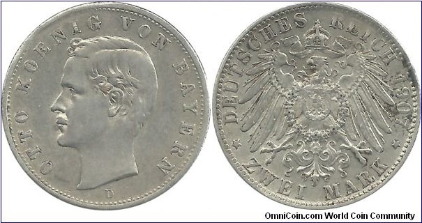 DeutschesReich-Bayern 2 Mark 1907D (11.11 g / .900 Ag) 