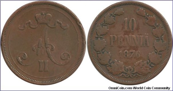 Finland-Grand Duchy 10 Penniä 1876