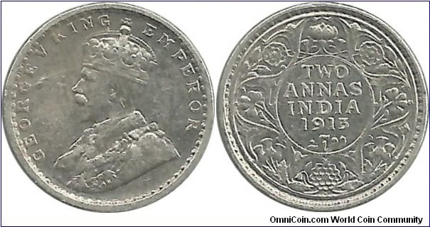 India-British 2 Annas 1913(B) (1.46 g / .917 Ag)