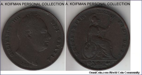 KM-705, 1834 Great Britain farthing; copper, plain edge; dark brown very fine or about, a small rim ding or flan defect on reverse.