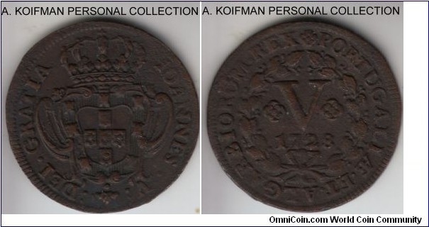 KM-216, 1728 Portugal 5 reis; copper, plain edge; very fine or better.