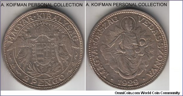 KM-511, 1929 Hungary 2 pengo; silver, ornamented edge; about extra fine.