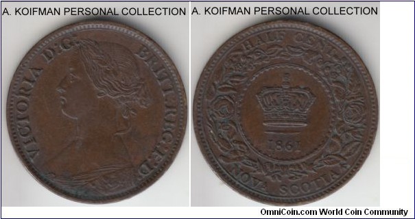 KM-7, 1861 Nova Scotia (Canadian Confederation) half cent; bronze, plain edge; dark brown extra fine.
