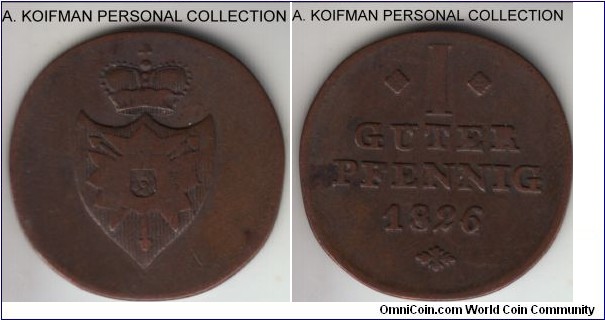 KM-35, 1826 German States Shaumburg-Lippe pfennig; copper, plain edge; very fine or about.