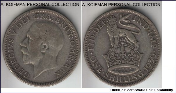 KM-831, 1930 Great Britain shilling; silver, reeded edge; scarce year, good very fine or better.