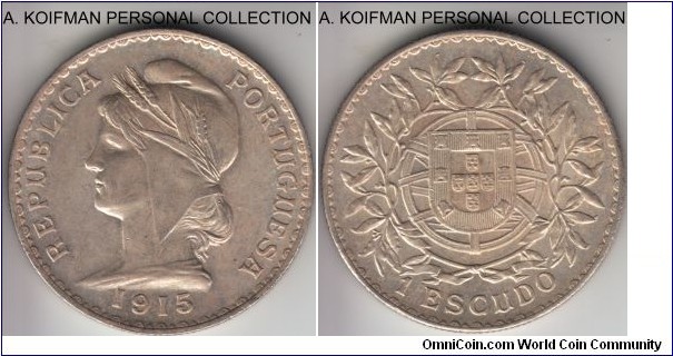 KM-564, 1915 Portugal escudo; silver, reeded edge; uncirculated, nice.