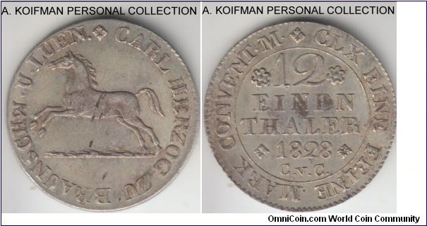 KM-1104, 1823 German States Brunswick-Wolfenbuttel 1/12 thaler; billon, plain edge; good very fine to extra fine, scratch or adjustment mark on obverse.