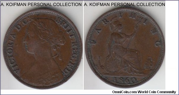 KM-747.2, 1860 Great Britain farthing; bronze, plain edge; toothed border variety, very fine or about, quite a lot of grime.