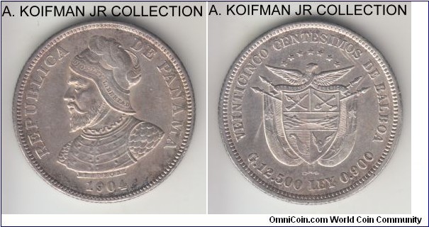KM-4, 1904 Panama 25 centesimos; silver, reeded edge; 1-year type, nice good extra fine.