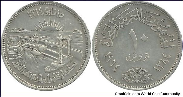 Egypt 10 Piastres AH1384-1964 - Diversion of the Nile (5.00 g / .720 Ag)