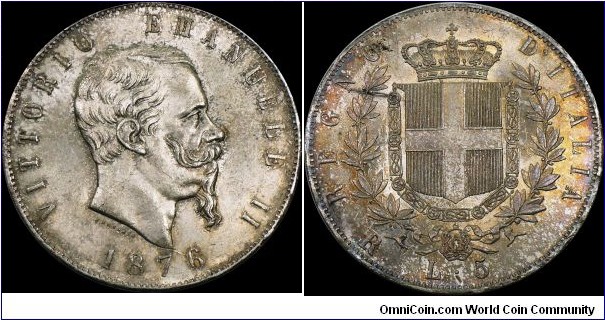 Italy, Vittorio Emanuele II, 5 Lire, 1876 R. Rome. Toned, uncirculated.