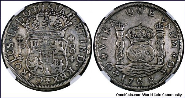 Spanish colonial, Guatemala, Charles III, 8 Reales, 1768. Silver. Guatemala mint, assayer P (Pedro Sánchez de Guzmán), KM# 27.1. A light gray toned example with a strong strike for the grade. Original surface. Ex Santa Maria Collection. 