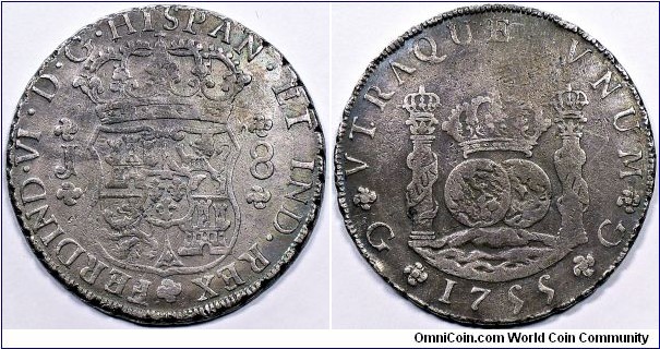 Spanish colonial, Guatemala, Ferdinand VI, 8 Reales, 1755. 26.69g, 39.22mm, Silver. Assayer: J (José de León y Sosa). Large J. Mint mark G. KM# 18.