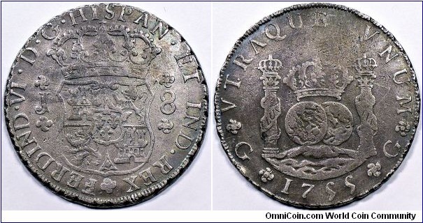 Spanish colonial, Guatemala, Ferdinand VI, 8 Reales, 1755. 26.69g, 39.22mm, Silver. Assayer: J (José de León y Sosa). Large J. Mint mark G. KM# 18.