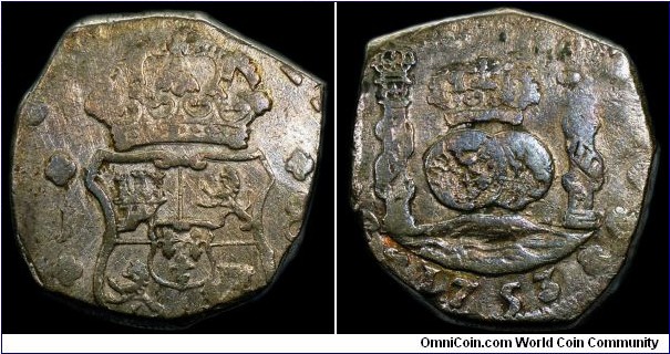 Spanish colonial, Guatemala, Ferdinand VI, cob 8 reales, 1753. 27.12g, 91.7% silver. Assayer: 