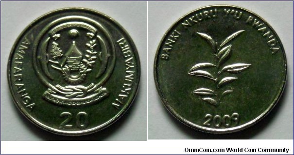 Rwanda 20 francs.
2009, Banki Nkuru.