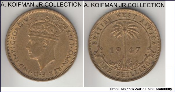 KM-23, 1947 British West Africa shilling, Royal mint (no mint mark); nickel-brass, security reeded edge; George VI, common year, good extra fine.