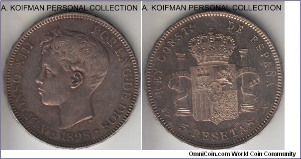 KM-707, 1898 (98) Spain 5 pesetas, SG-V; silver, raised lettered edge; obverse is very fine or better and cleaned, but reverse is gorgeous lustrous uncirculated with just a few bag marks.